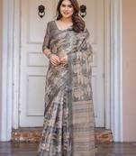Women's handloom cotton floral print saree with attached blouse piece