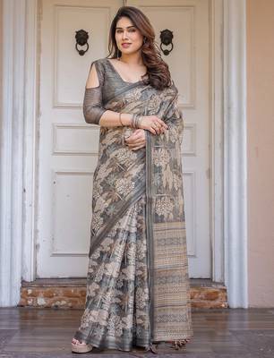 Women's handloom cotton floral print saree with attached blouse piece 2