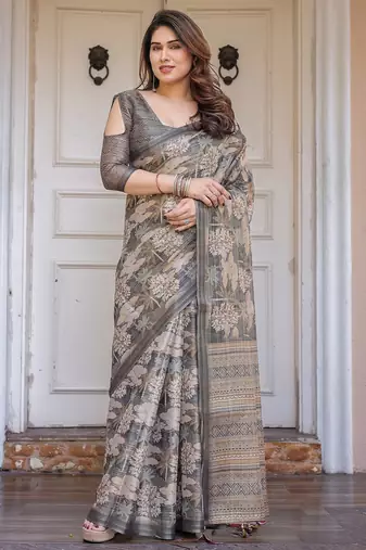 Women's handloom cotton floral print saree with attached blouse piece