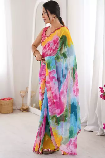  georgette multi colour sibori print saree with mirror work & cutwork border