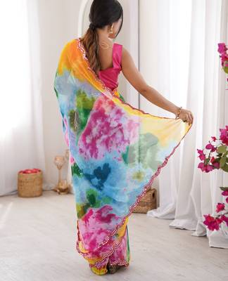  georgette multi colour sibori print saree with mirror work & cutwork border 4