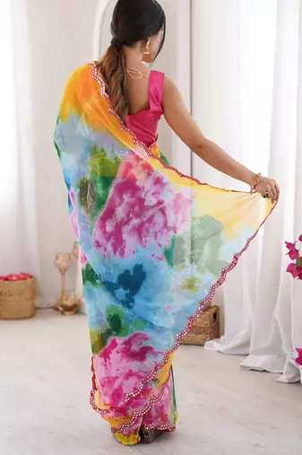  georgette multi colour sibori print saree with mirror work & cutwork border