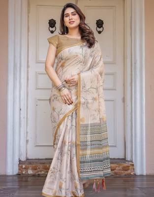Elegant handloom cotton printed saree with floral design & blouse piece 1