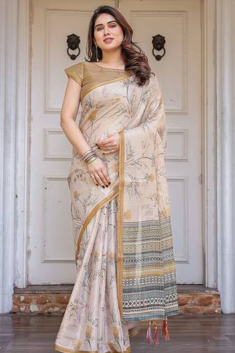 Elegant handloom cotton printed saree with floral design & blouse piece