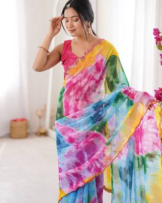  georgette multi colour sibori print saree with mirror work & cutwork border 5