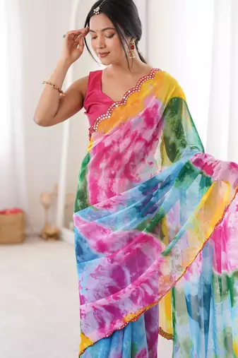  georgette multi colour sibori print saree with mirror work & cutwork border