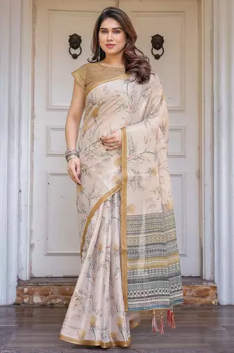 Elegant handloom cotton printed saree with floral design & blouse piece