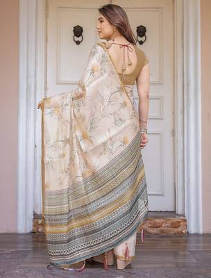 Elegant handloom cotton printed saree with floral design & blouse piece 3