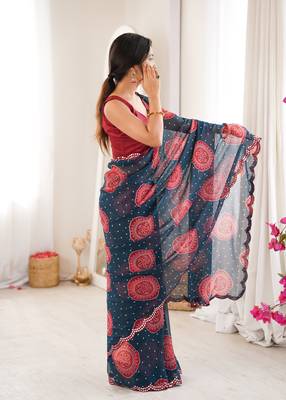  georgette bandhani gola print saree with mirror work & cutwork border 2