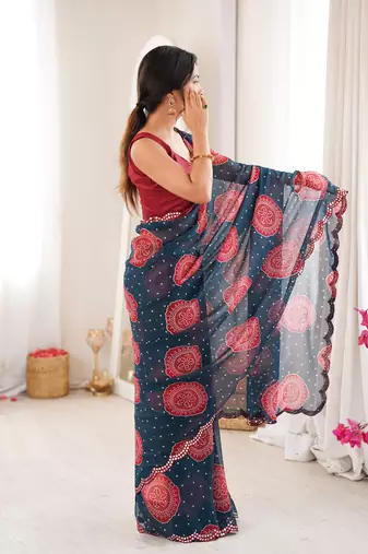  georgette bandhani gola print saree with mirror work & cutwork border
