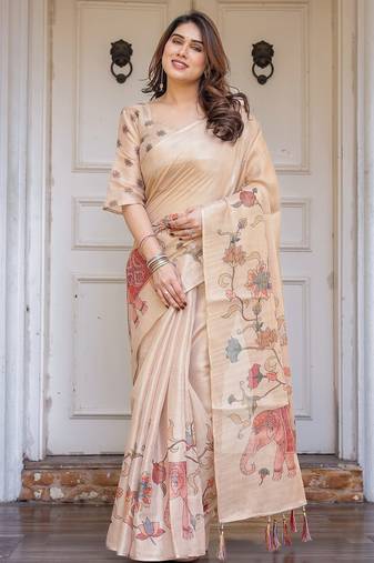 Women's handloom cotton floral print saree with attached blouse piece