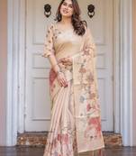 Women's handloom cotton floral print saree with attached blouse piece