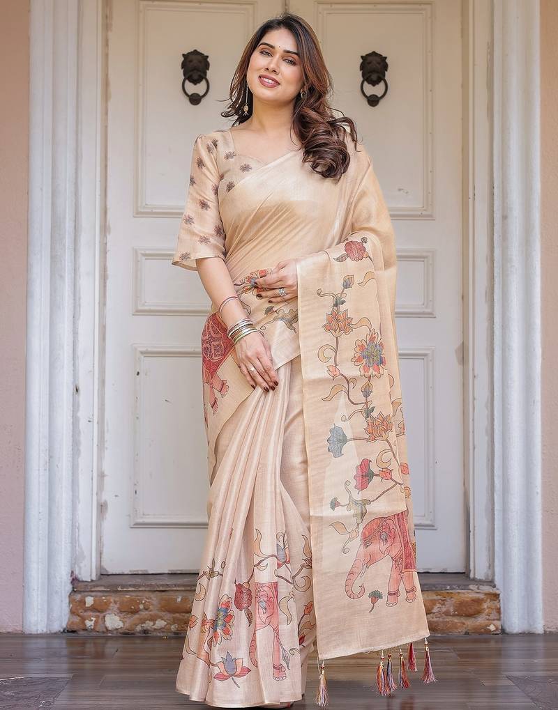 Women's handloom cotton floral print saree with attached blouse piece