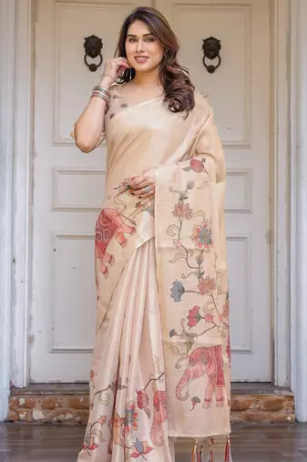 Women's handloom cotton floral print saree with attached blouse piece