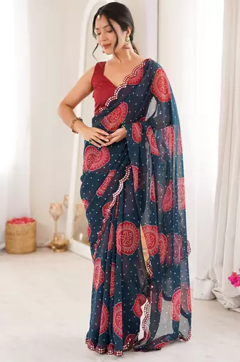Heavy georgette bandhani gola print saree with mirror work & cutwork border