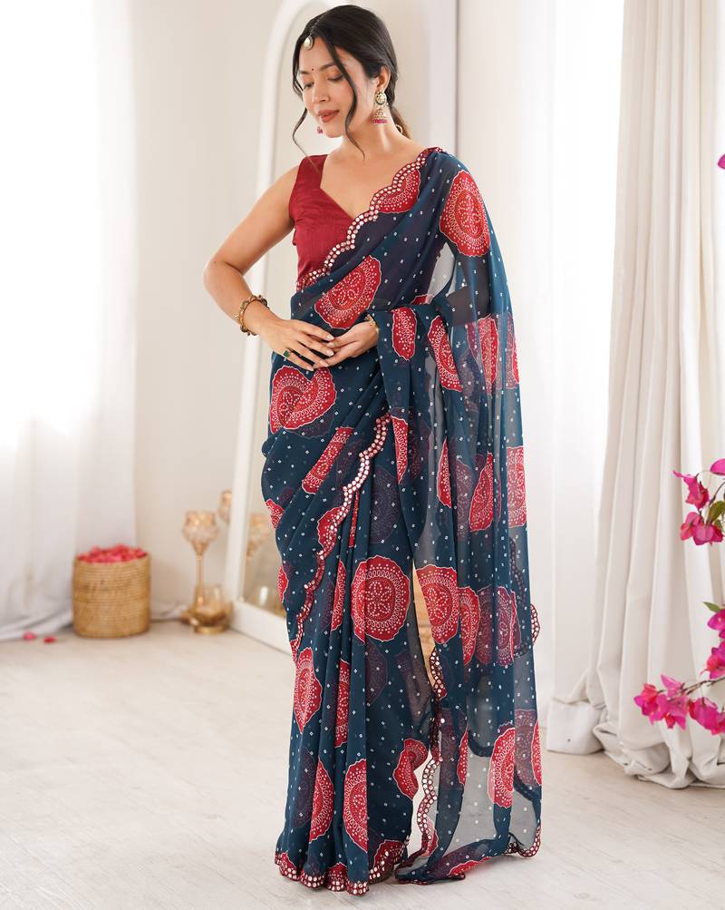 Heavy georgette bandhani gola print saree with mirror work & cutwork border