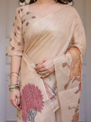 Women's handloom cotton floral print saree with attached blouse piece 4