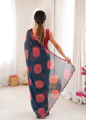  georgette bandhani gola print saree with mirror work & cutwork border 3
