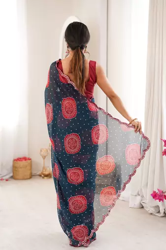  georgette bandhani gola print saree with mirror work & cutwork border