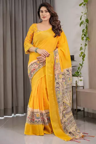 Printed floral handloom linen weaved with golden zari saree with stylish tassel finish     ready to wear