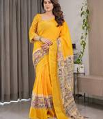 Printed floral handloom linen weaved with golden zari saree with stylish tassel finish     ready to wear