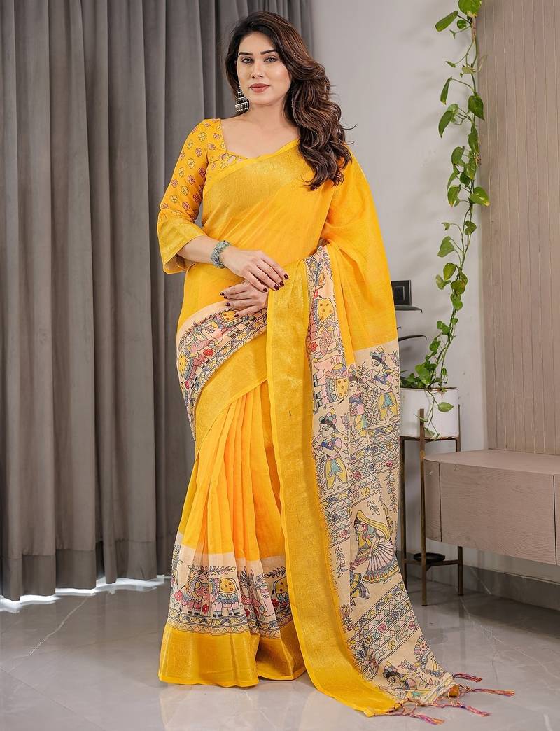 Printed floral handloom linen weaved with golden zari saree with stylish tassel finish     ready to wear