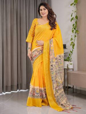 Printed floral handloom linen weaved with golden zari saree with stylish tassel finish     ready to wear 2