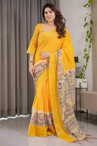 Printed floral handloom linen weaved with golden zari saree with stylish tassel finish     ready to wear