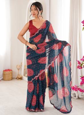  georgette bandhani gola print saree with mirror work & cutwork border 4