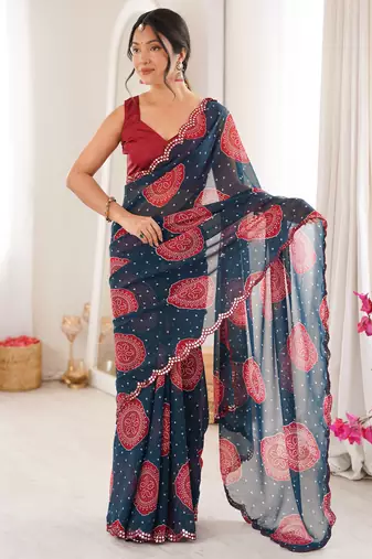  georgette bandhani gola print saree with mirror work & cutwork border