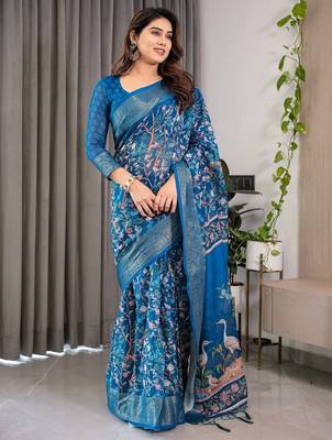 Graceful handloom linen weaved with golden zari saree with artistic floral print & tassels 1