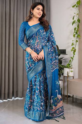 Graceful handloom linen weaved with golden zari saree with artistic floral print & tassels