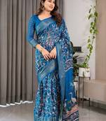 Graceful handloom linen weaved with golden zari saree with artistic floral print & tassels