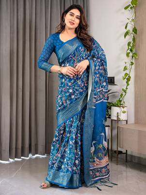 Graceful handloom linen weaved with golden zari saree with artistic floral print & tassels 2