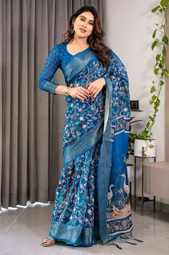 Graceful handloom linen weaved with golden zari saree with artistic floral print & tassels