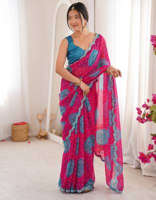  georgette bandhani gola print saree with mirror work & cutwork border 1