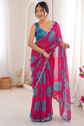 Heavy georgette bandhani gola print saree with mirror work & cutwork border