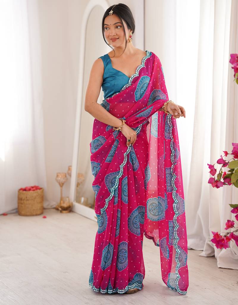 Heavy georgette bandhani gola print saree with mirror work & cutwork border