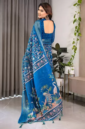Graceful handloom linen weaved with golden zari saree with artistic floral print & tassels