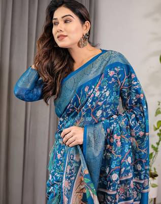 Graceful handloom linen weaved with golden zari saree with artistic floral print & tassels 4