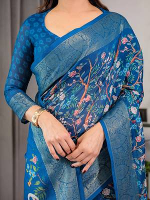 Graceful handloom linen weaved with golden zari saree with artistic floral print & tassels 5