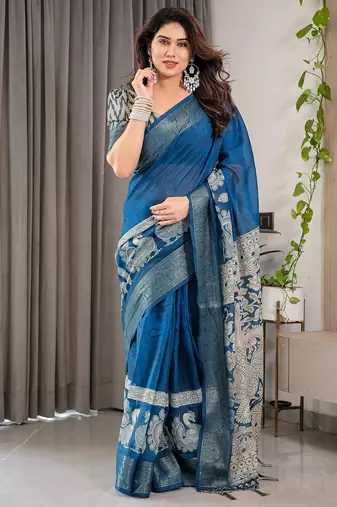 Pastel floral handloom linen weaved with golden zari saree with pallu tassels & blouse piece