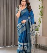 Pastel floral handloom linen weaved with golden zari saree with pallu tassels & blouse piece