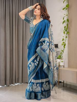 Pastel floral handloom linen weaved with golden zari saree with pallu tassels & blouse piece 2