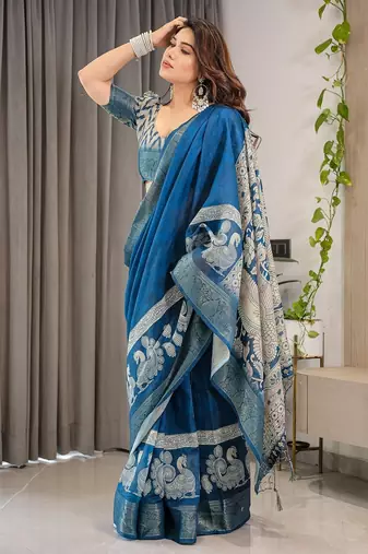 Pastel floral handloom linen weaved with golden zari saree with pallu tassels & blouse piece