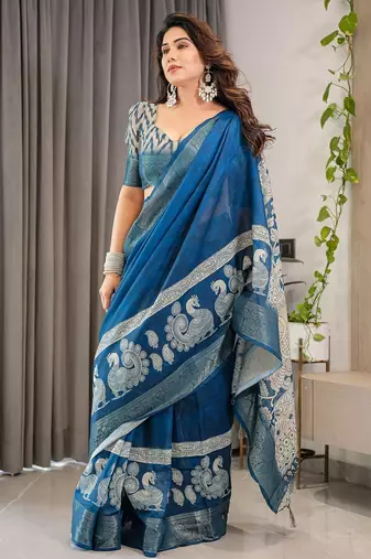 Pastel floral handloom linen weaved with golden zari saree with pallu tassels & blouse piece