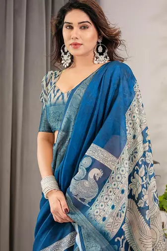 Pastel floral handloom linen weaved with golden zari saree with pallu tassels & blouse piece