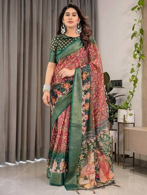 Ethnic handloom linen weaved with golden zari saree with colorful floral print and matching blouse 1