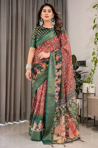 Ethnic handloom linen weaved with golden zari saree with colorful floral print and matching blouse