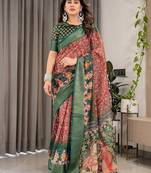 Ethnic handloom linen weaved with golden zari saree with colorful floral print and matching blouse